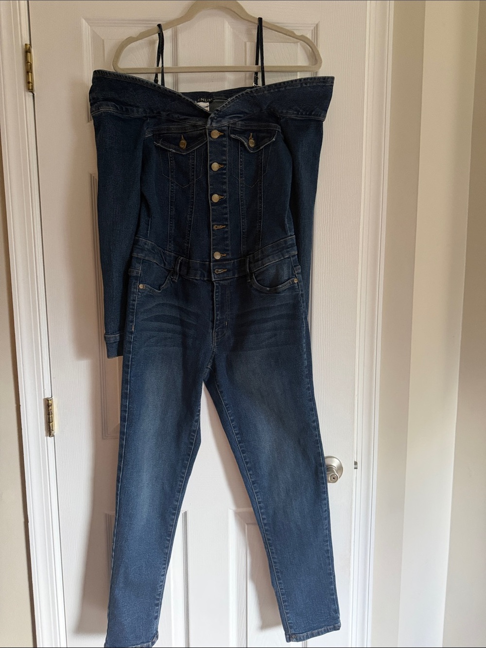 VENUS Dark Blue Off-Shoulder Denim Jumpsuit